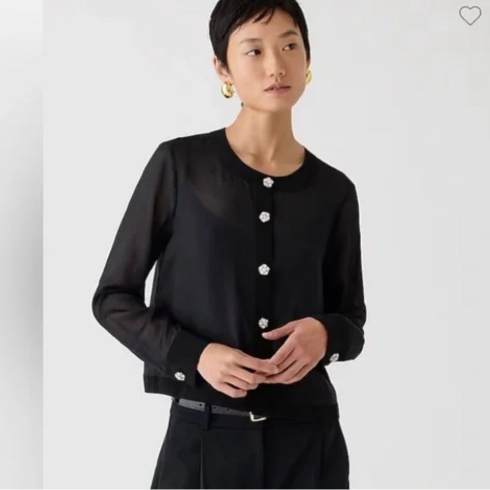 NWT J. Crew Black Women's Organza Top with Crystal Buttons - Picture 2 of 5